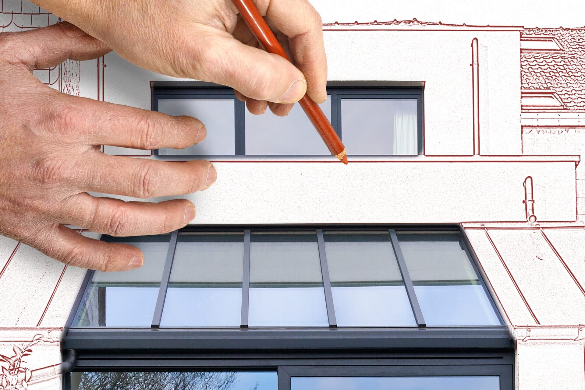Drawing and planned Renovation of a part from old house Glassanierung mit Gruber Fenster